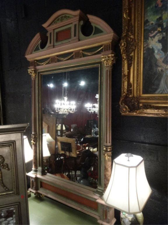 LARGE GILT AND PAINTED NEOCLASSICAL MIRROR, PALE GREEN (1 of 7)