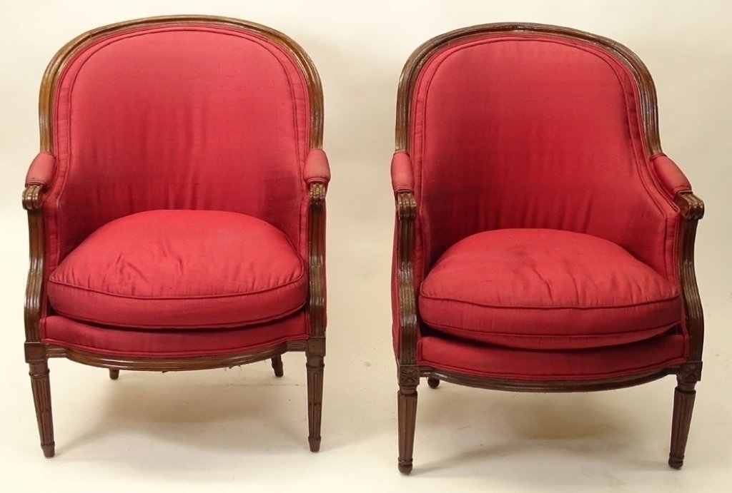 PAIR OF ASSOCIATED 19TH CENTURY FRENCH LOUIS XVI STYLE: PAIR OF ASSOCIATED 19TH CENTURY FRENCH LOUIS XVI STYLE CARVED WALNUT BERGERE CHAIRS. UNSIGNED. GOOD CONDITION. MEASURE 38 INCHES TALL, 28-1/4 INCHES WIDE AND 30 INCHES DEEP., SKU326.19