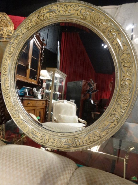 LARGE ROUND WOOD FRAME MIRROR, SILVER AND IVORY FINISH, (1 of 4)