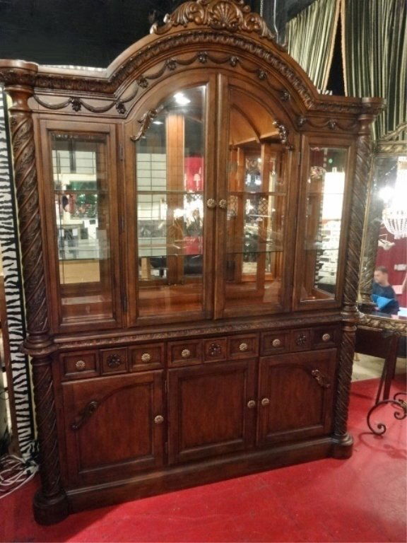 BREAKFRONT CHINA CABINET, LIGHTED, WITH GLASS DOORS, (1 of 9)