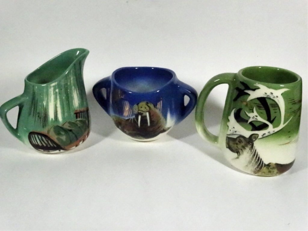 3 PC ART POTTERY PITCHER, GREEN MUG & BLUE MUG, (1 of 10)