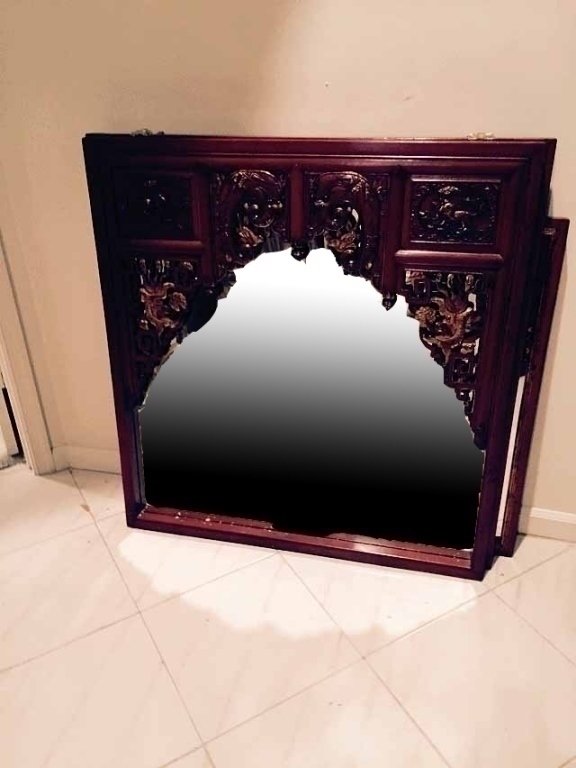 LARGE CHINESE RED LACQUER AND GILT WOOD MIRROR, APPROX (1 of 3)