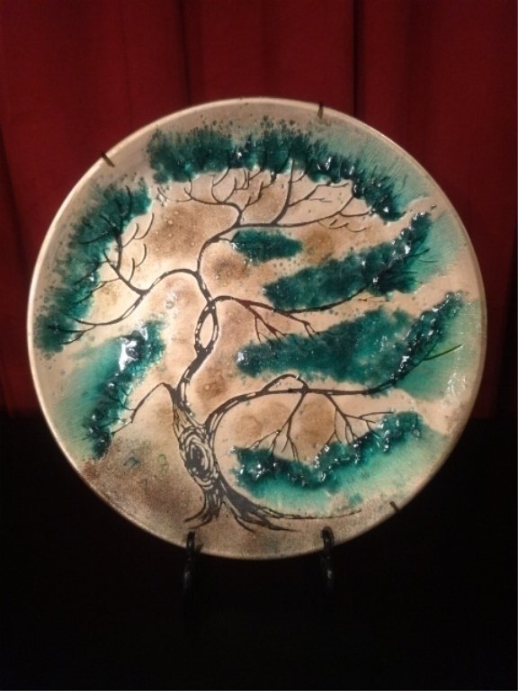 LARGE ASIAN MOTIF ENAMELED METAL PLATTER WITH TREE (1 of 3)