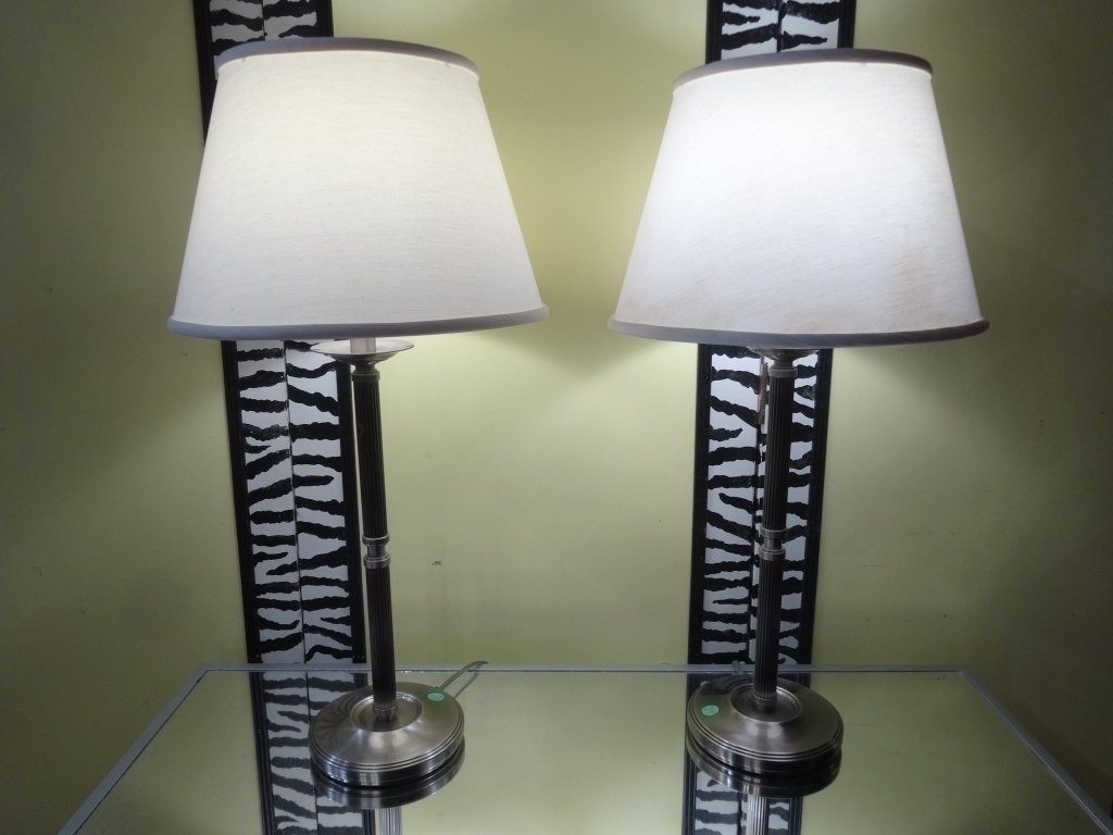 PAIR NICKEL FINISH COLUMN STYLE LAMPS, VERY GOOD (1 of 5)