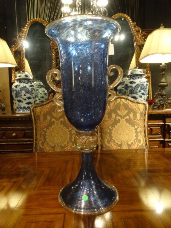 LARGE ART GLASS URN, BLUE AND GOLD IRIDESCENT GLASS,: LARGE ART GLASS URN, BLUE AND GOLD IRIDESCENT GLASS, GOLD HANDLES, EXCELLENT CONDITION, 26"H, SKU434.01