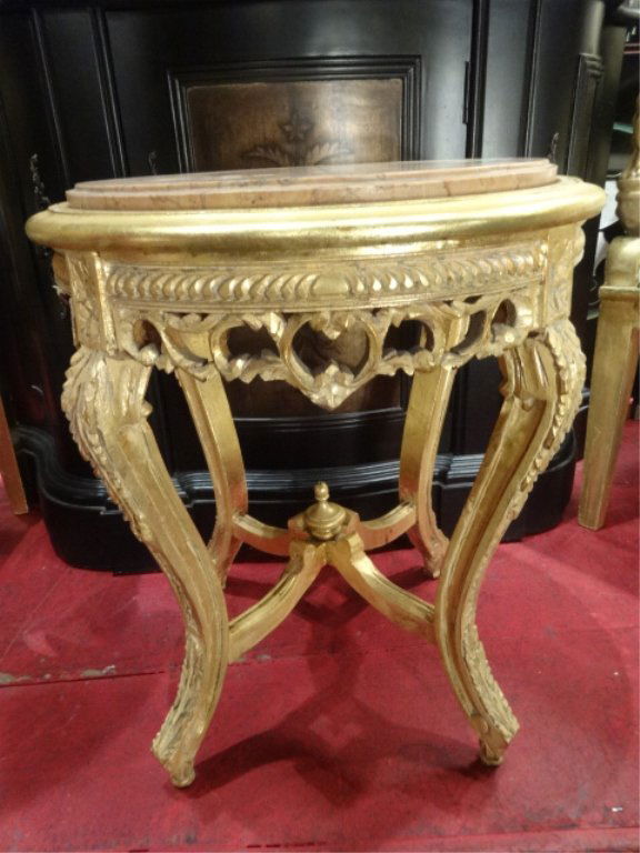 LOUIS XV STYLE TABLE, BEVELED MARBLE TOP, APPROX 15"W, (1 of 6)