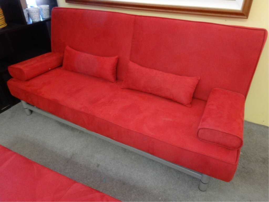 MODERN DESIGN RED MICROFIBER FUTON, SILVER/GRAY METAL (1 of 5)