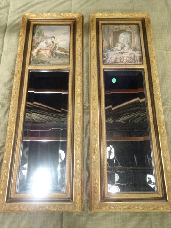 TWO TRUMEAU MIRRORS, GOLD FRAMES WITH TAPESTRY STYLE (1 of 4)