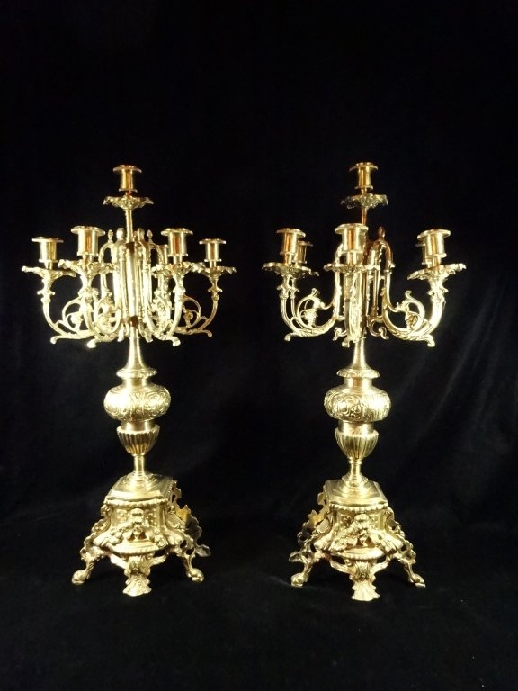 PAIR ROCOCO STYLE BRASS CANDELABRA, 7 LIGHTS EACH (1 of 5)