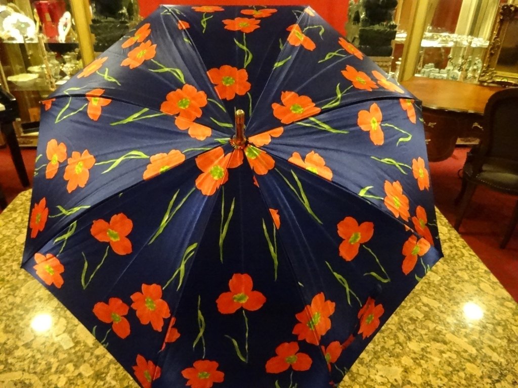 CIPRIANI PARASOL UMBRELLA, ORANGE/RED FLOWERS ON BLUE (1 of 10)