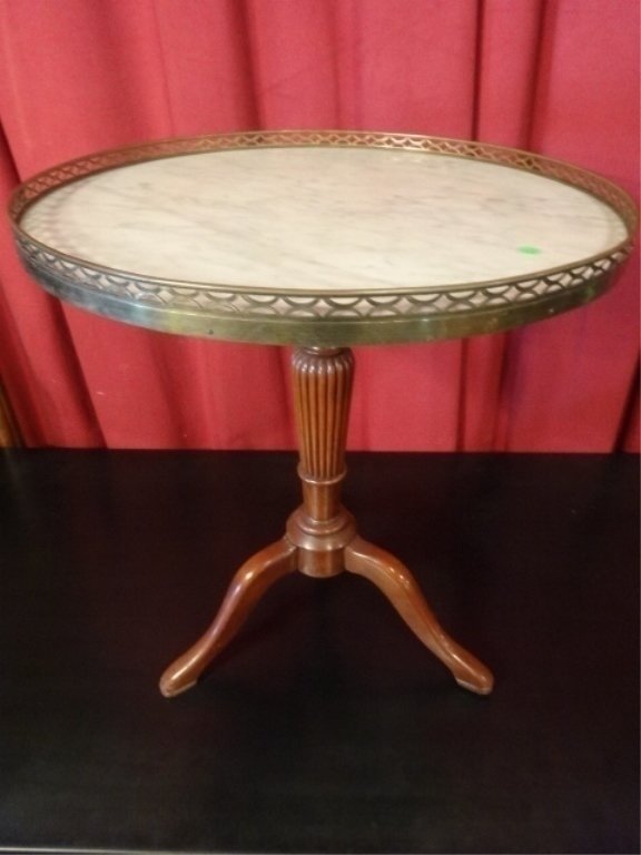 MARBLE TOP ROUND PEDESTAL TABLE, BRASS RIM, 3 FOOTED (1 of 5)