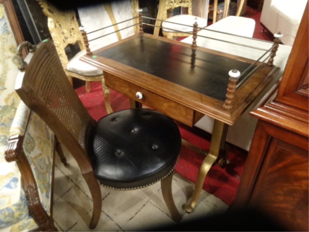 2 PC VINTAGE WRITING DESK & CHAIR, BRASS RAIL, LEATHER (1 of 9)