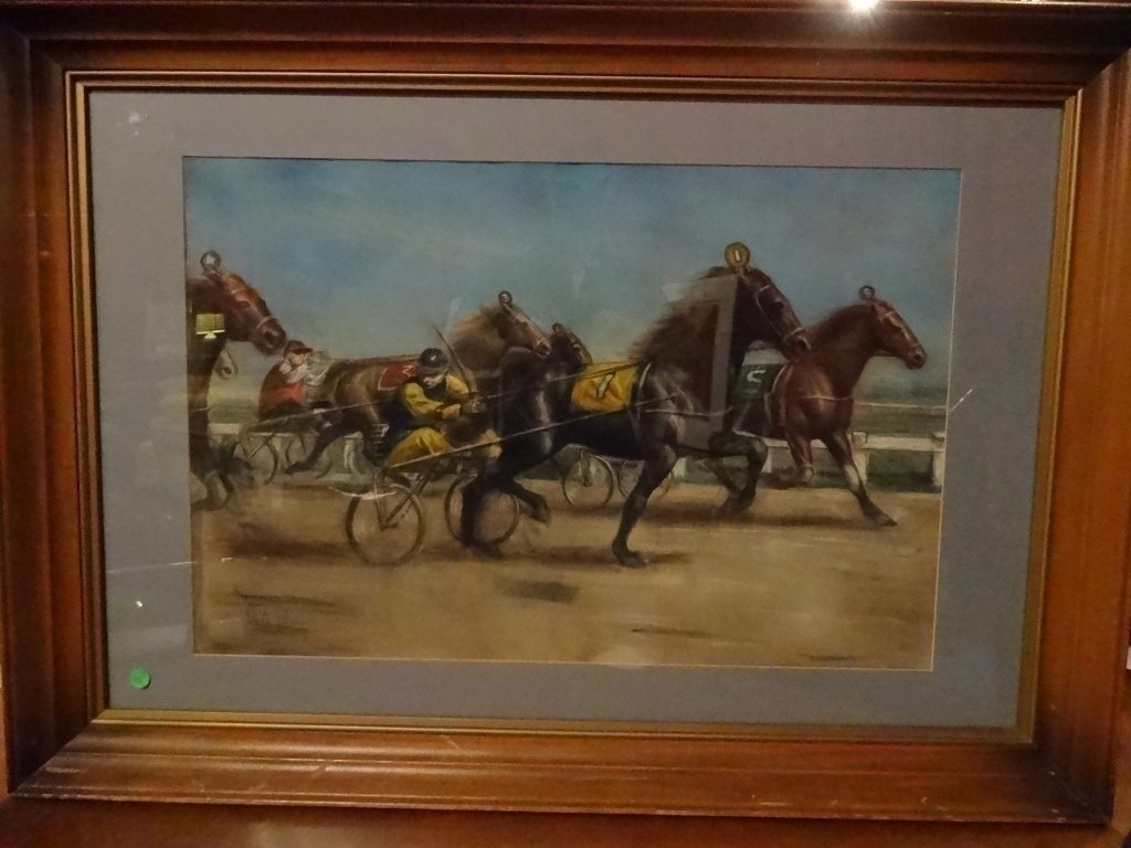 GOUACHE PAINTING ON PAPER, RACING SCENE, FRAMED SIZE (1 of 8)