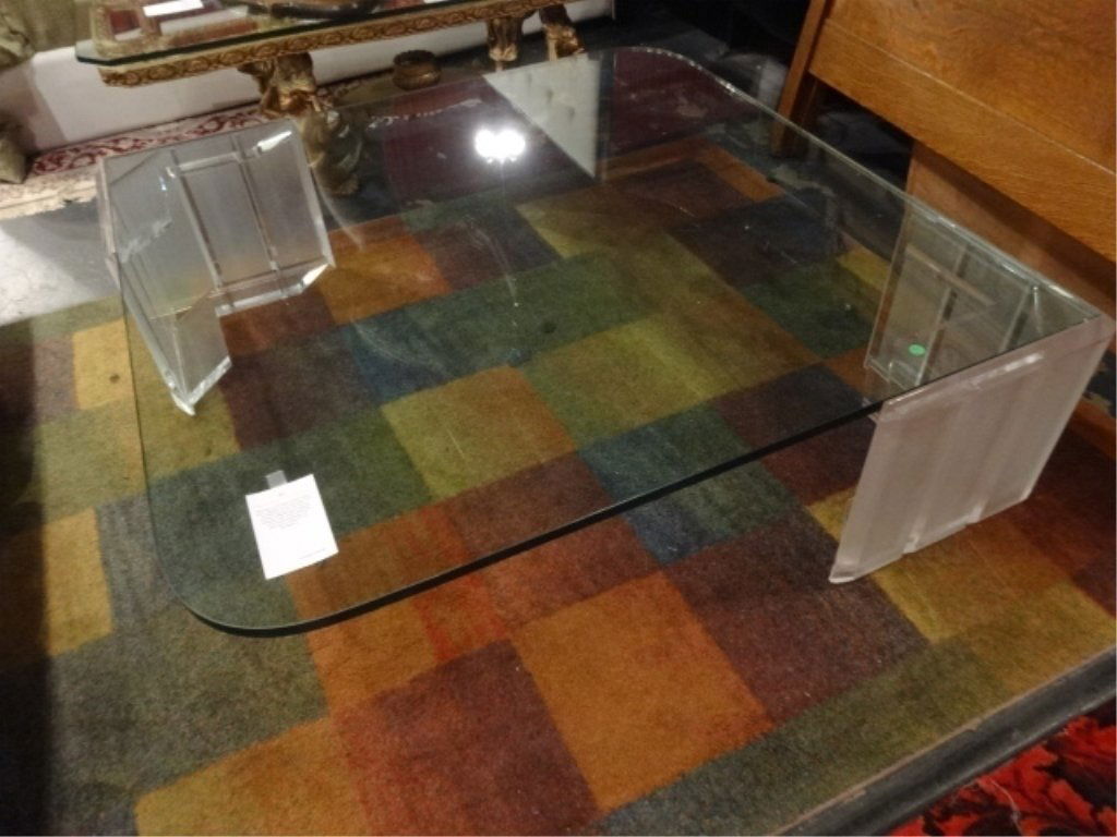 FROSTED LUCITE BASE COFFEE TABLE, DUAL TRIANGULAR (1 of 7)