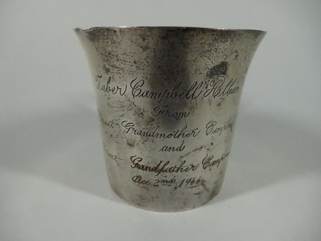 LUNT STERLING SILVER BABY CUP, ENGRAVED, DATED 1966, (1 of 5)