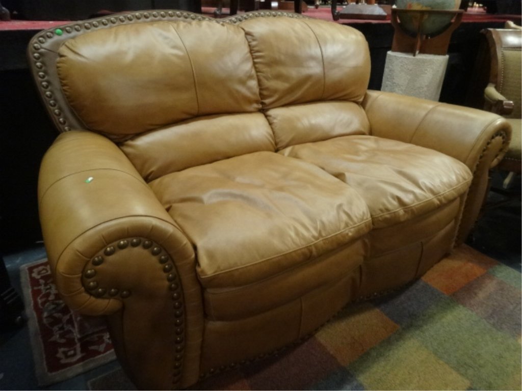 LEATHER LOVESEAT WITH TAN LEATHER, NAILHEAD TRIM, ROLL: LEATHER LOVESEAT WITH TAN LEATHER, NAILHEAD TRIM, ROLL ARMS, VERY GOOD CONDITION, SKU419.26