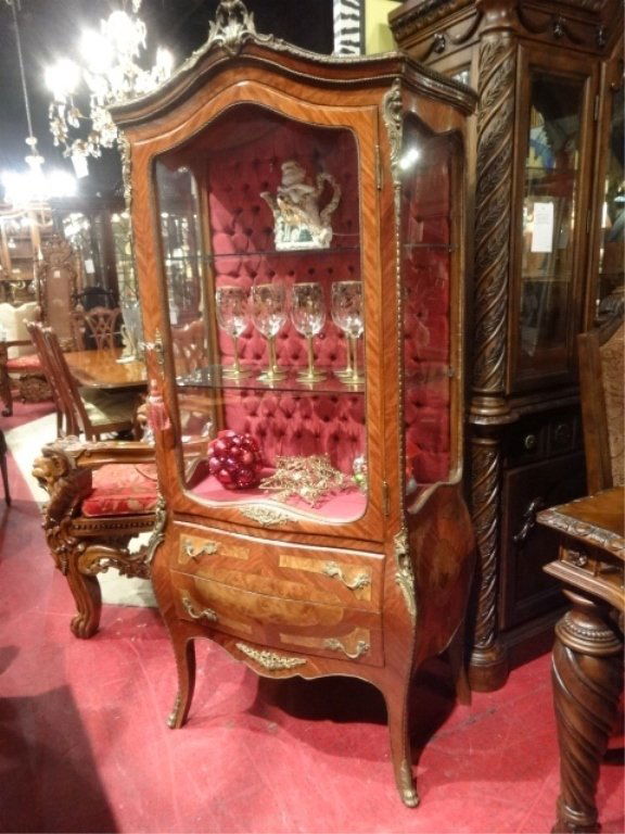 LOUIS XV STYLE MARQUETRY VITRINE, RED TUFTED (1 of 9)