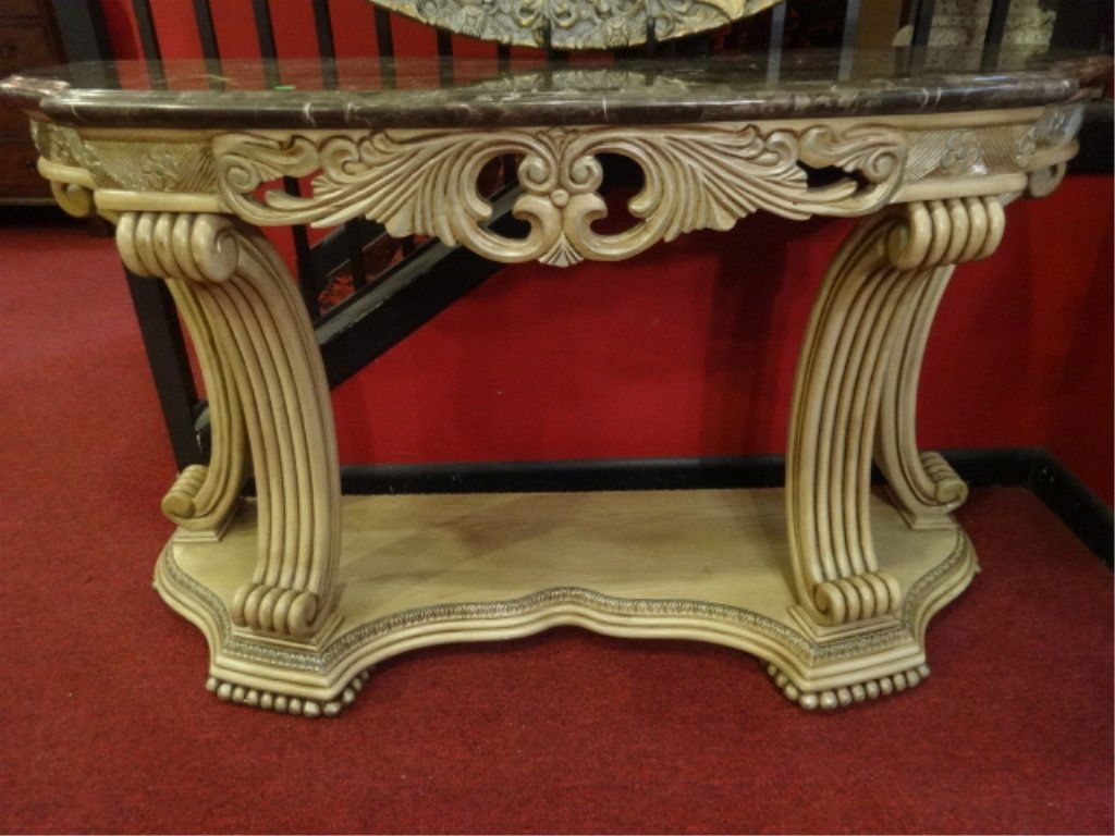 NEOCLASSICAL MARBLE TOP CONSOLE TABLE, ANTIQUED WHITE (1 of 8)
