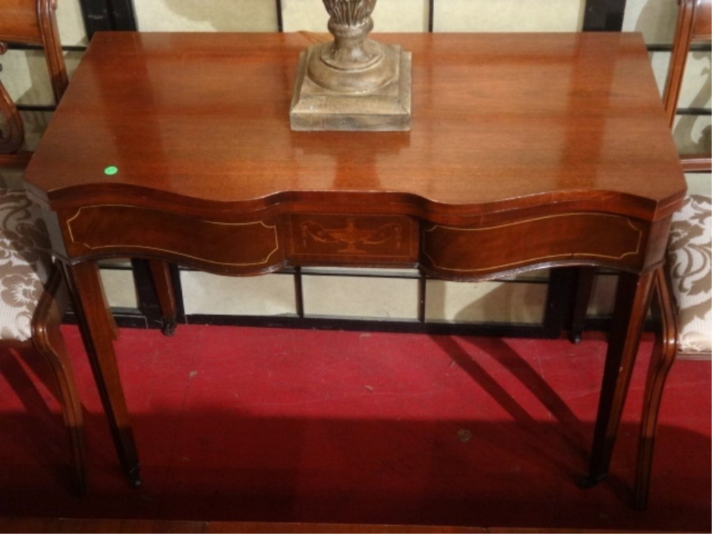 MARQUETRY FLIP TOP TABLE, INLAID WOOD URN AND FOLIATE (1 of 5)