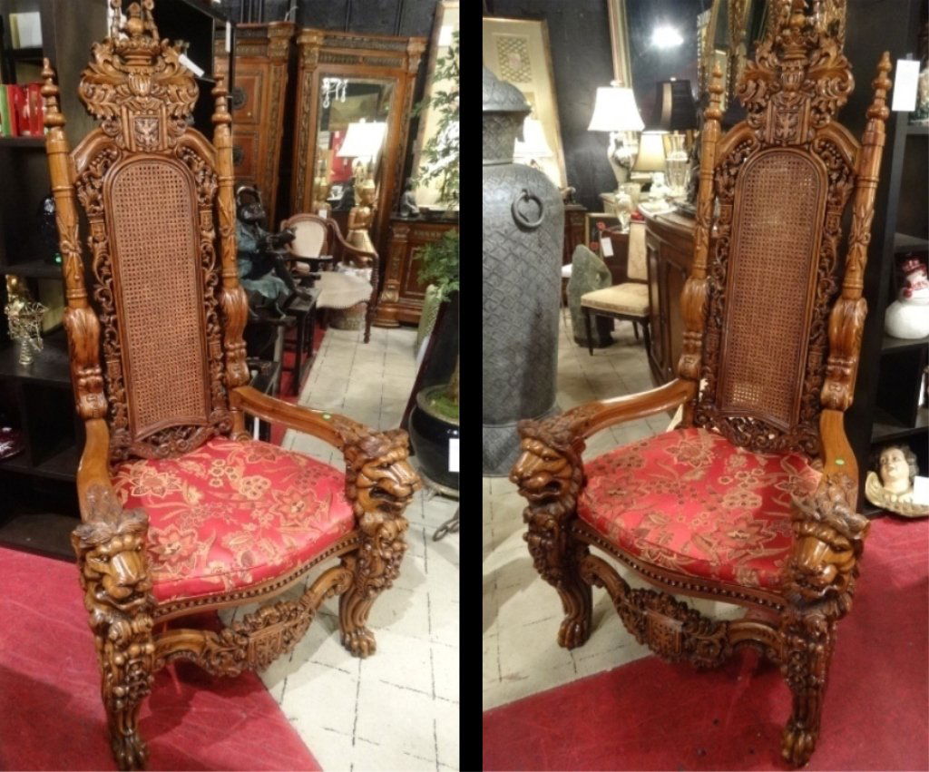 PAIR MONUMENTAL CARVED WOOD THRONE CHAIRS, LION ARMS, H (1 of 10)