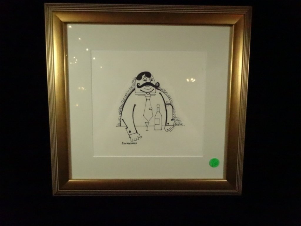 MIGUEL COVARRUBIAS (1904-1957) PEN & INK DRAWING, "THE: MIGUEL COVARRUBIAS (1904-1957) PEN & INK DRAWING, "THE BARTENDER", CIRCA 1930, SIGNED IN INK LOWER LEFT, IMAGE APPROX 7.5" X 6", FRAMED SIZE APPROX 14.5" X 15", SKU387.1