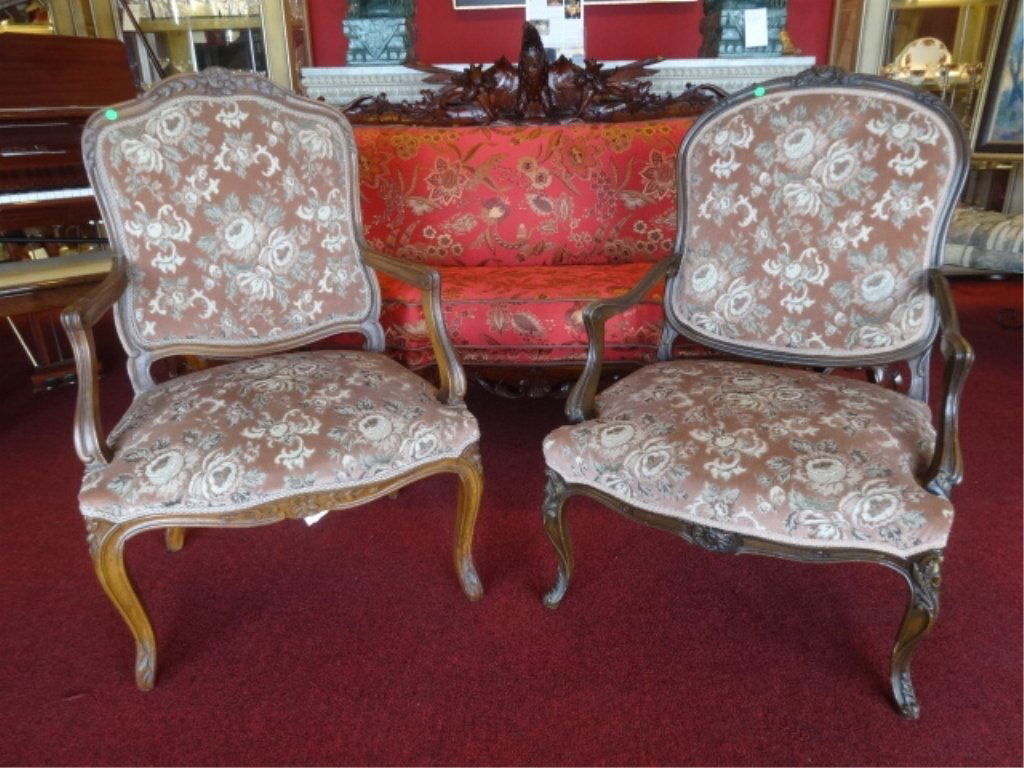 TWO LOUIS XV STYLE OPEN ARMCHAIRS, NEAR PAIR, NOT (1 of 10)