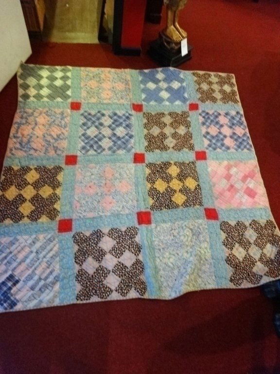 19TH CENTURY LOG CABIN VINTAGE QUILT, APPROX 75" X 75", (1 of 8)