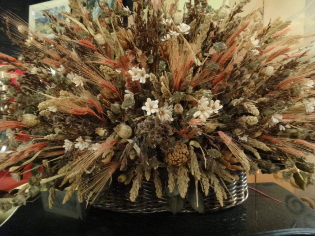 LARGE DRIED FOLIAGE ARRANGEMENT IN RATTAN PLANTER, (1 of 4)