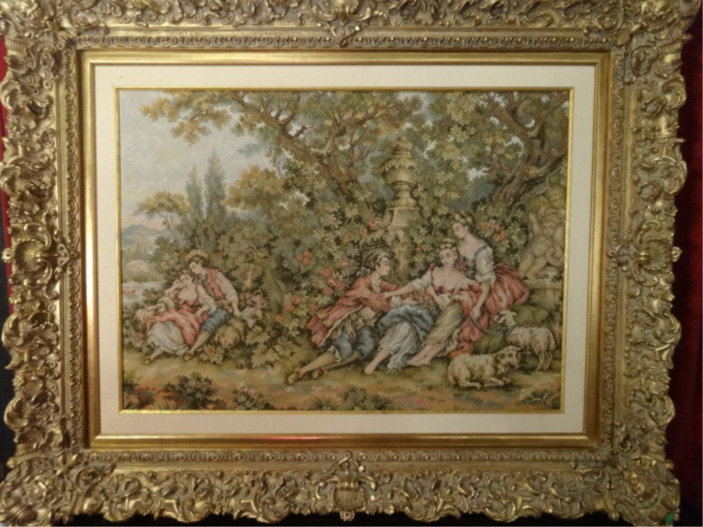 LARGE FRAMED NEEDLEPOINT TAPESTRY, 18TH CENTURY FIGURAL (1 of 7)