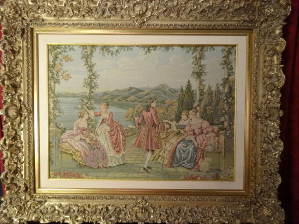 LARGE FRAMED NEEDLEPOINT TAPESTRY, 18TH CENTURY FIGURAL (1 of 8)