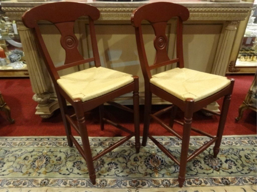 PAIR ETHAN ALLEN BARSTOOLS, DARK BROWN FINISH, RUSH (1 of 6)