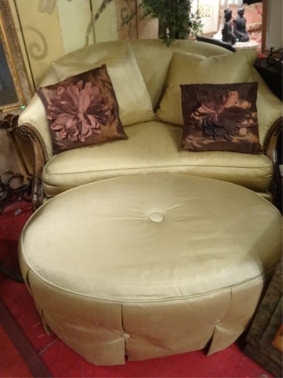 SILK UPHOLSTERED MARQUISE CHAIR AND A HALF WITH OTTOMAN (1 of 9)