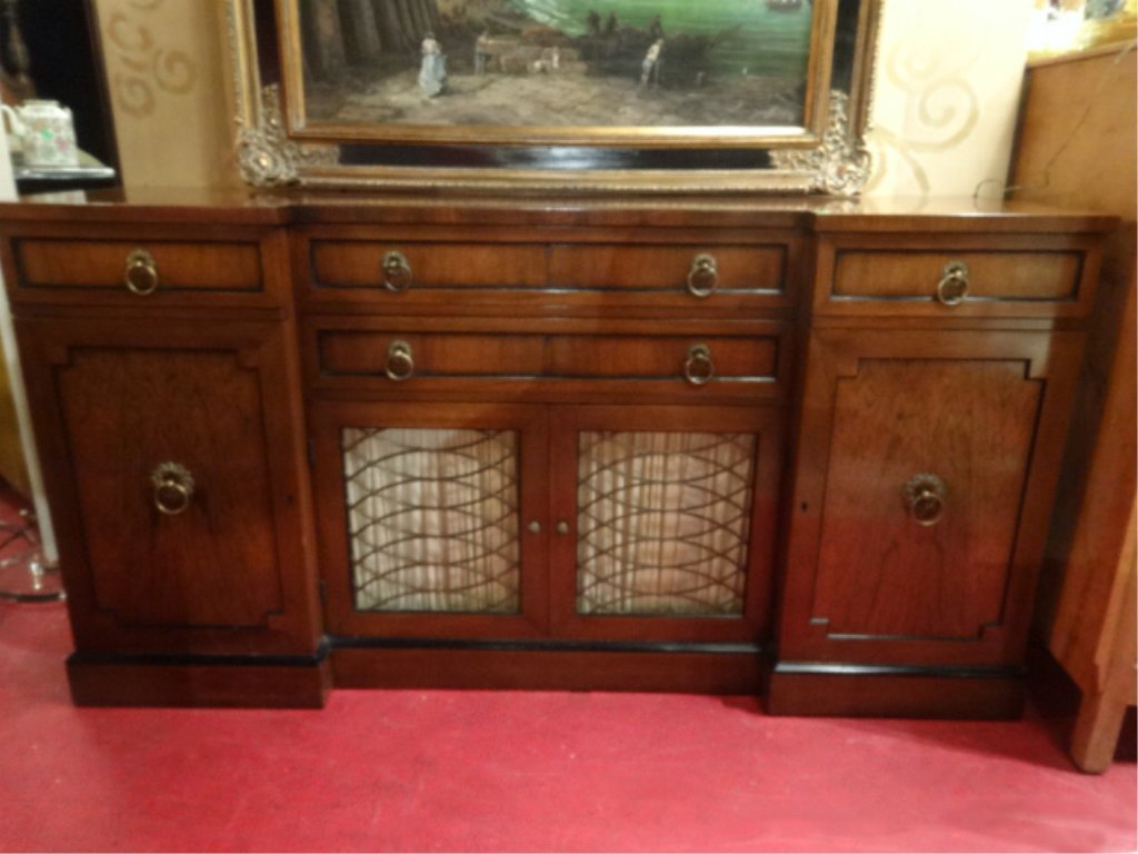 VINTAGE KITTINGER MAHOGANY SIDEBOARD, GEORGIAN STYLE,: VINTAGE KITTINGER MAHOGANY SIDEBOARD, GEORGIAN STYLE, FOUR DRAWERS, FOUR LOWER CABINETS, BRASS PULLS, VERY GOOD VINTAGE CONDITION COMMENSURATE WITH AGE & USE, STAMPED KITTINGER MARK IN UPPER DRAWER, A