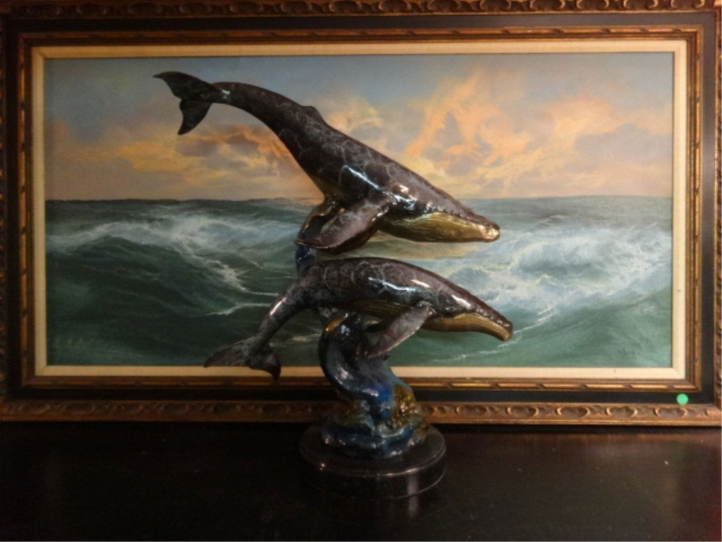 LARGE PATINATED BRONZE SCULPTURE, 2 WHALES, ON ROUND (1 of 10)