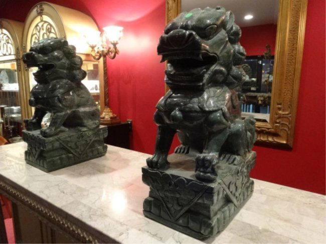 PAIR LARGE CHINESE GREEN HARDSTONE CARVED FOO DOGS, (1 of 6)