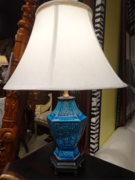 SMALL CHINESE STYLE BLUE CERAMIC LAMP, APPROX 17"H, (1 of 4)