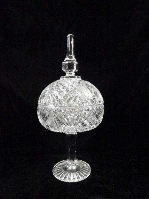 LARGE CRYSTAL CANDY DISH ON PEDESTAL BASE, APPROX (1 of 4)