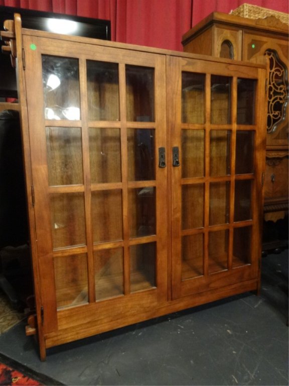 ARTS AND CRAFTS STYLE RED OAK BOOKCASE, 2 GLASS DOORS, (1 of 8)