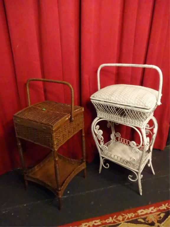 2 PC WICKER SEWING BASKETS ON LEGS, APPROX 39"H & 36"H, (1 of 4)