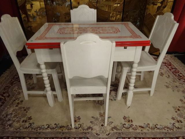 1920's VINTAGE TABLE WITH 4 CHAIRS, DRAW LEAF ENAMELED (1 of 6)
