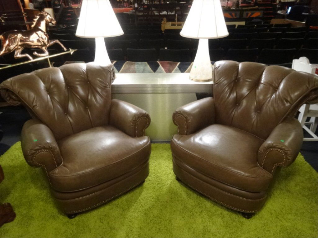 PAIR SAGE GREEN LEATHER CLUB CHAIRS WITH NAILHEAD TRIM, (1 of 7)