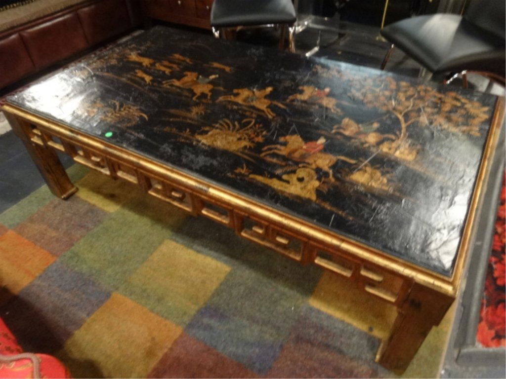 CHINOISERIE GILT AND PAINTED COFFEE TABLE, PAINTED HUNT (1 of 10)