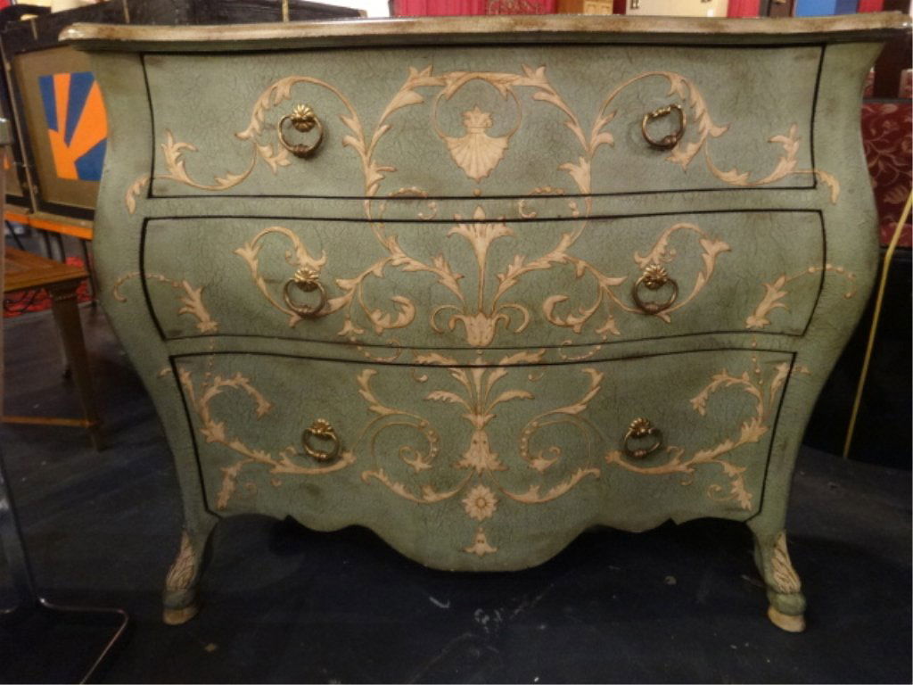 FRENCH STYLE BOMBE CHEST BY HARDEN, ANTIQUED PALE GREEN (1 of 3)