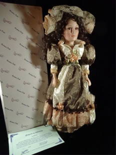 DUCK HOUSE HEIRLOOM PORCELAIN DOLL, ASHLEM, WITH: DUCK HOUSE HEIRLOOM PORCELAIN DOLL, ASHLEM, WITH CERTIFICATE, WITH STAND, WITH ORIGINAL BOX, APPROX 19"H, SKU454.02