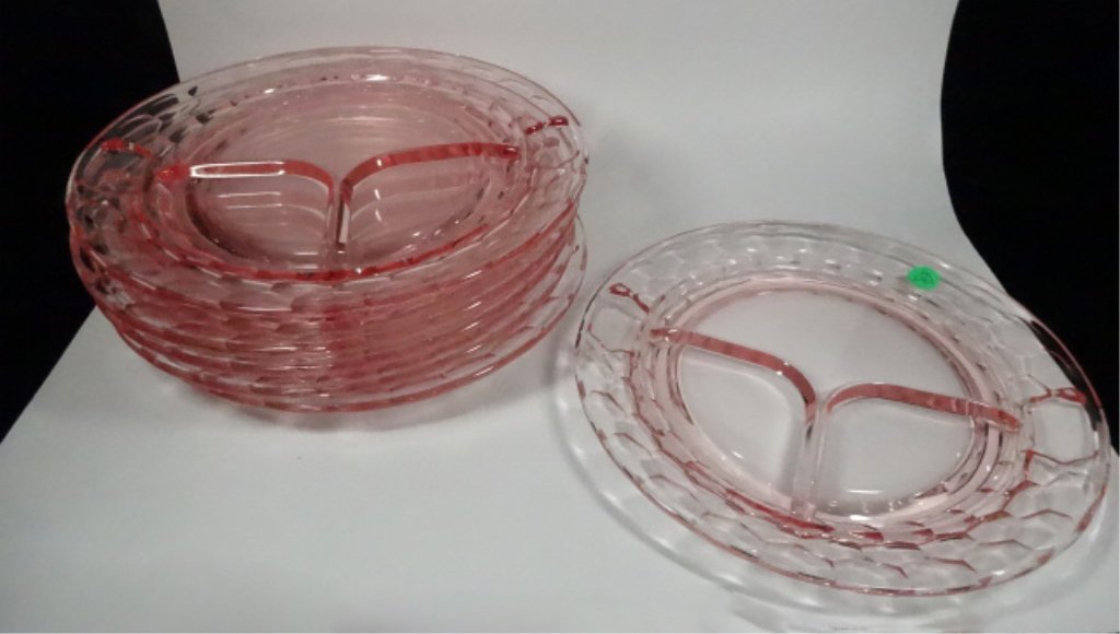 6 PC VINTAGE PINK DEPRESSION GLASS DIVIDED PLATES, (1 of 4)