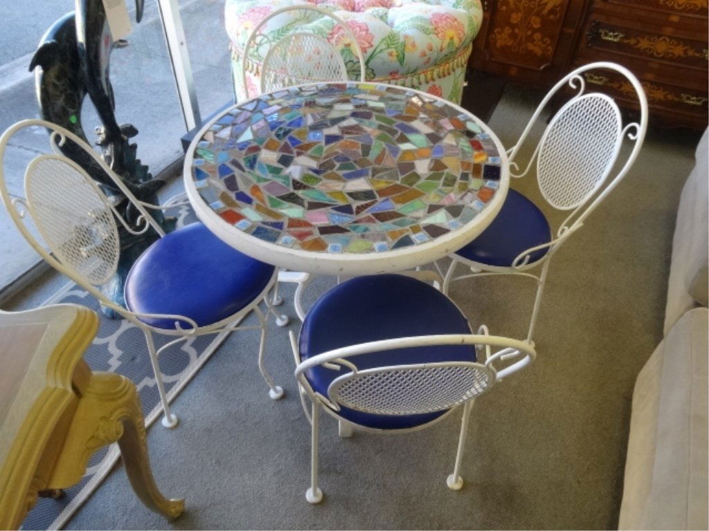 5 PC MOSAIC TILE TABLE AND CAFE CHAIRS. METAL FRAMES, (1 of 7)