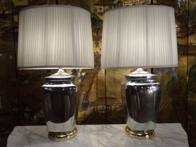 PAIR LARGE CHROMED GLASS AND BRASS TABLE LAMPS, ASIAN U (1 of 9)
