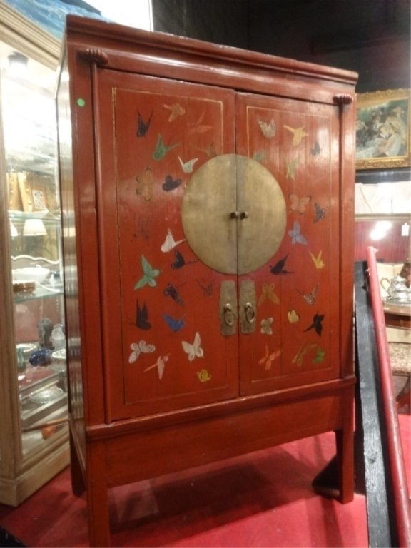 CHINESE RED LACQUER CABINET WITH BUTTERFLIES, BRASS (1 of 9)