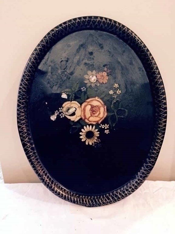 2 TOLE PAINTED OVAL METAL TRAYS, BLACK WITH FLORALS, (1 of 7)