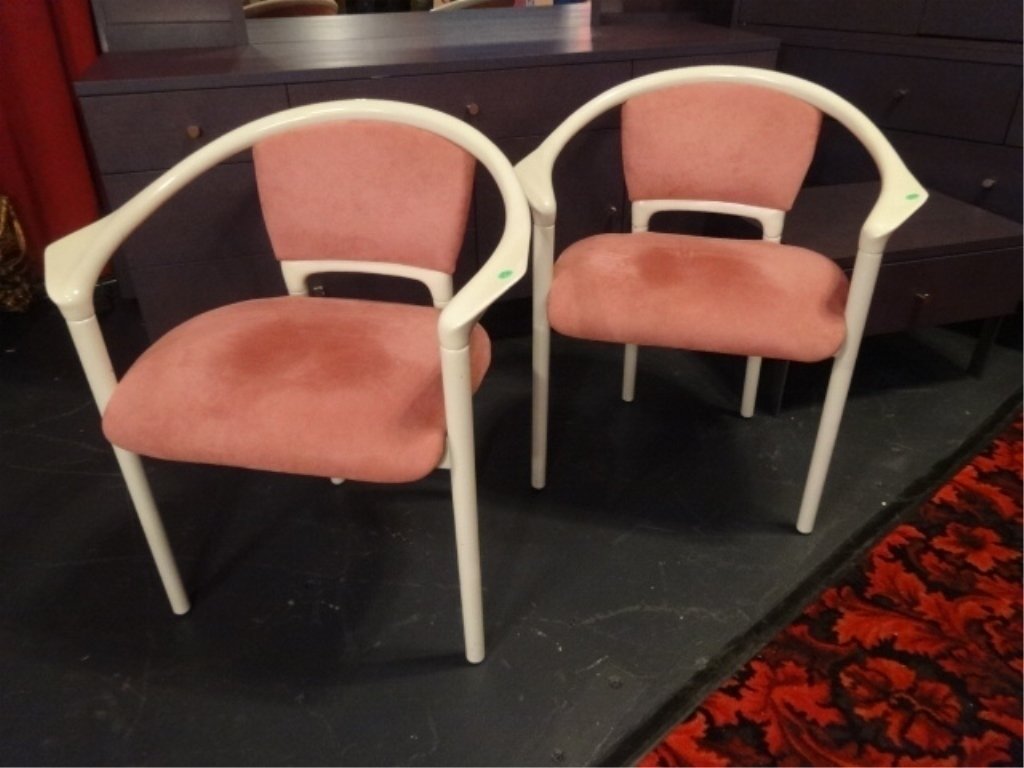 PAIR MODERN WHITE LACQUER ARMCHAIRS, BLUSH SEATS, (1 of 5)